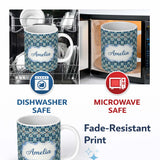 Personalized Custom Name Blue Floral Geometric Tile Seamless Pattern Name Cute Unique Gift 11oz Ceramic Coffee Tea Mug White Large Handle