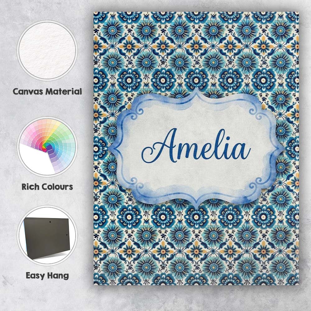 Personalised Name Blue Floral Geometric Custom  Modern Room Accent Elegant Feature Canvas Wall Art Print Decor Picture Ready to Hang