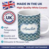Personalized Custom Name Blue Floral Geometric Tile Seamless Pattern Name Cute Unique Gift 11oz Ceramic Coffee Tea Mug White Large Handle