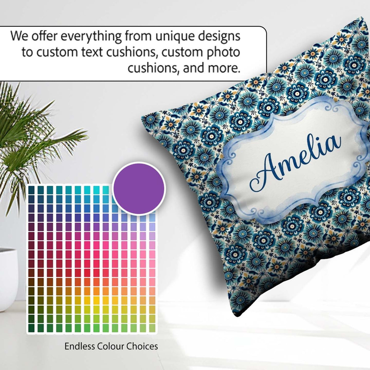Custom Name Blue Floral Geometric Tile Seamless Pattern Name Square Filled Cushion Throw Pillow Sofa Bed Home Decor Zip Washable UK Made