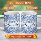 Personalized Custom Name Blue Vintage Botanical Floral Repeat Seamless Pattern Name Cute 11oz Ceramic Coffee Tea Mug White Large Handle