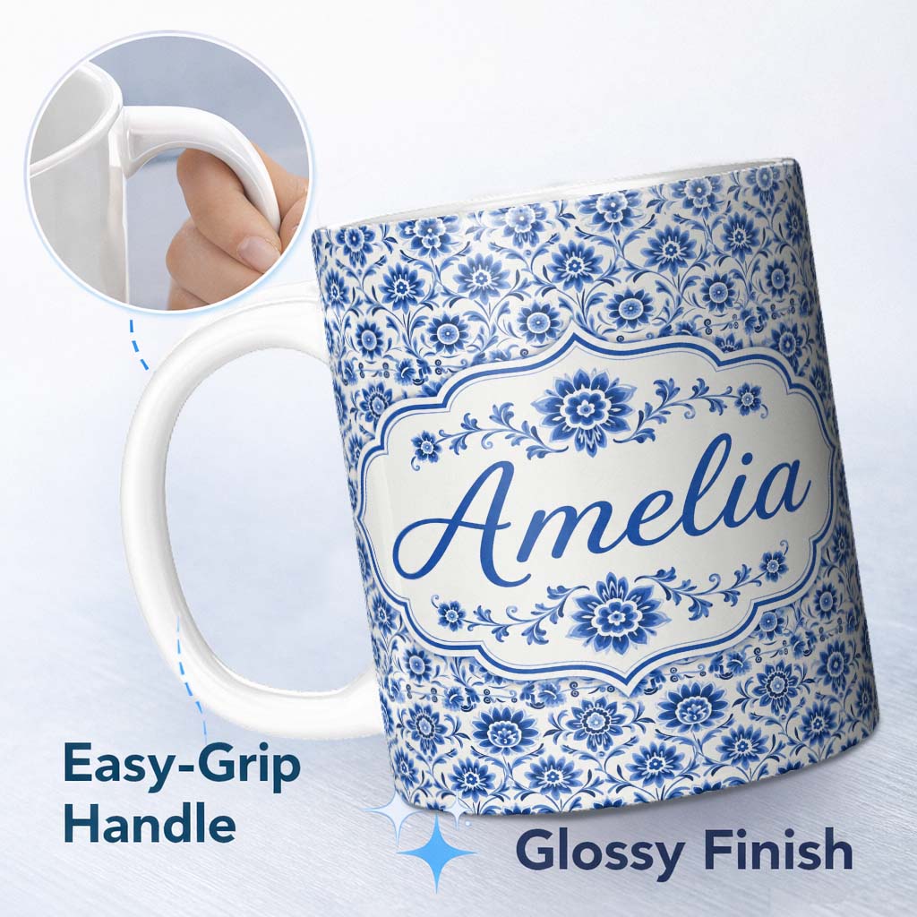 Personalized Custom Name Blue Vintage Botanical Floral Repeat Seamless Pattern Name Cute 11oz Ceramic Coffee Tea Mug White Large Handle