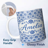 Personalized Custom Name Blue Vintage Botanical Floral Repeat Seamless Pattern Name Cute 11oz Ceramic Coffee Tea Mug White Large Handle
