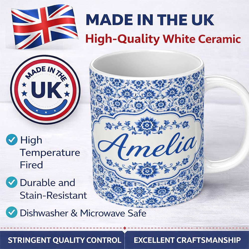 Personalized Custom Name Blue Vintage Botanical Floral Repeat Seamless Pattern Name Cute 11oz Ceramic Coffee Tea Mug White Large Handle