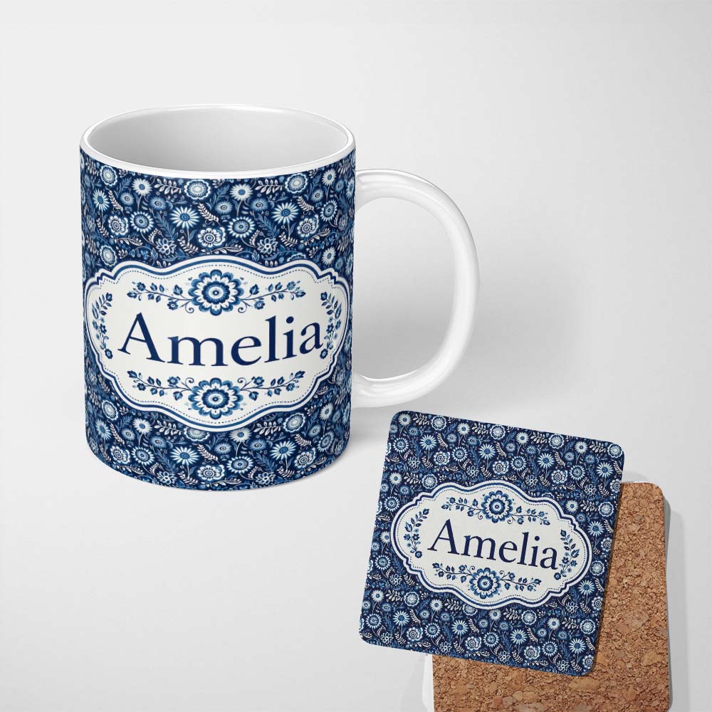 Personalized Custom Name Navy Blue Floral Meadow Botanical Seamless Pattern Name Cute Unique 11oz Ceramic Coffee Tea Mug White Large Handle