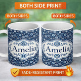 Personalized Custom Name Navy Blue Floral Meadow Botanical Seamless Pattern Name Cute Unique 11oz Ceramic Coffee Tea Mug White Large Handle