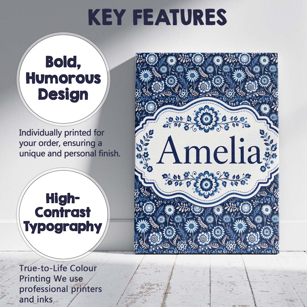 Personalised Name Navy Blue Floral Meadow Custom  Unique Gift Idea Elegant Feature Canvas Wall Art Print Decor Picture Ready to Hang