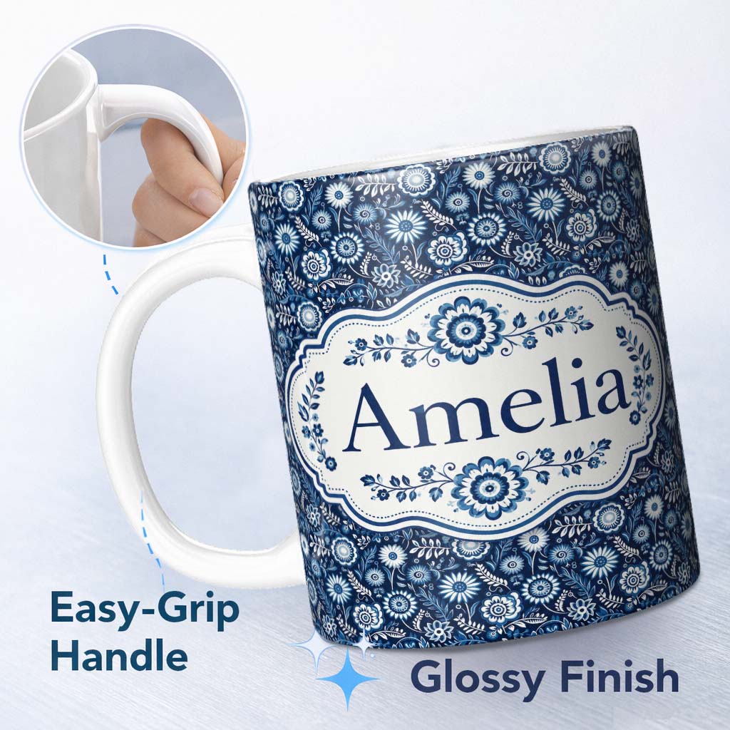 Personalized Custom Name Navy Blue Floral Meadow Botanical Seamless Pattern Name Cute Unique 11oz Ceramic Coffee Tea Mug White Large Handle