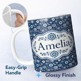 Personalized Custom Name Navy Blue Floral Meadow Botanical Seamless Pattern Name Cute Unique 11oz Ceramic Coffee Tea Mug White Large Handle