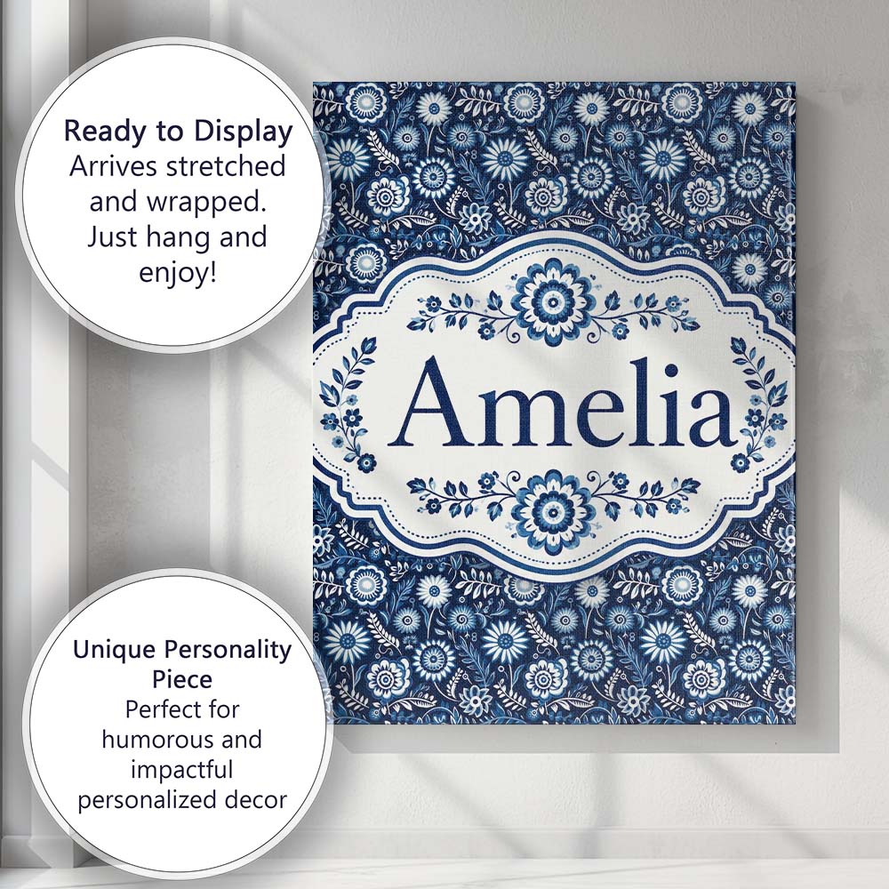 Personalised Name Navy Blue Floral Meadow Custom  Unique Gift Idea Elegant Feature Canvas Wall Art Print Decor Picture Ready to Hang