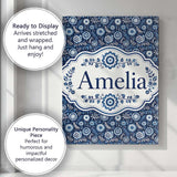 Personalised Name Navy Blue Floral Meadow Custom  Unique Gift Idea Elegant Feature Canvas Wall Art Print Decor Picture Ready to Hang