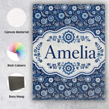 Personalised Name Navy Blue Floral Meadow Custom  Unique Gift Idea Elegant Feature Canvas Wall Art Print Decor Picture Ready to Hang