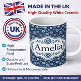 Personalized Custom Name Navy Blue Floral Meadow Botanical Seamless Pattern Name Cute Unique 11oz Ceramic Coffee Tea Mug White Large Handle