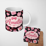Personalized Custom Name Cute Kawaii Valentine Love Hearts Gifts Seamless Pattern White 11oz Ceramic Coffee Tea Mug White Large Handle