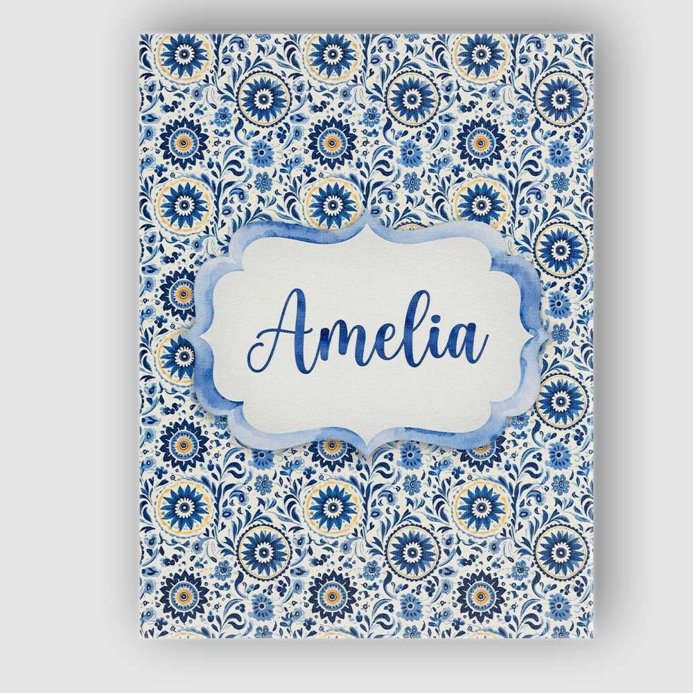 Personalised Name Blue Ornamental Folk Custom  Modern Room Accent Elegant Feature Canvas Wall Art Print Decor Picture Ready to Hang