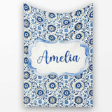 Blue Ornamental Folk Floral Seamless Pattern Name Cute Unique Gift  Personalised Custom Name Super Soft Fleece Blanket Bed Sofa Throw