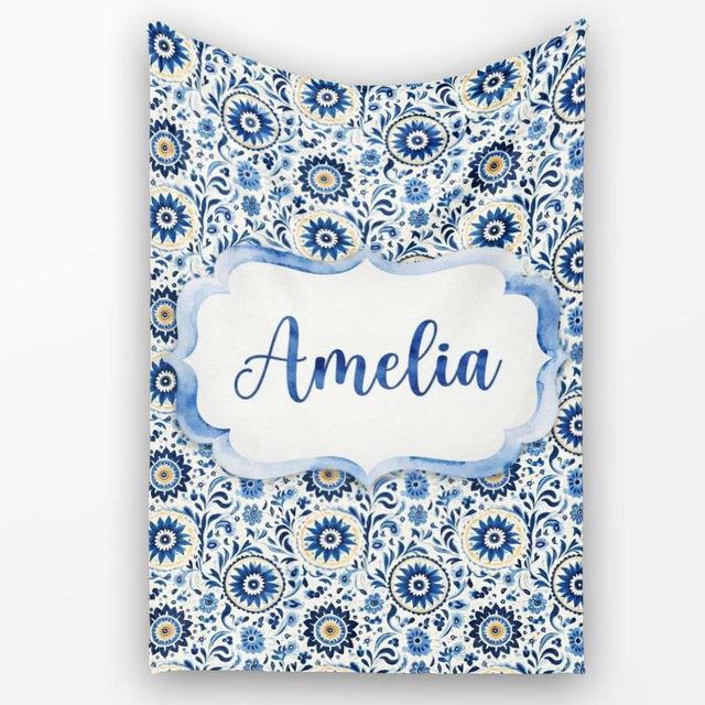 Blue Ornamental Folk Floral Seamless Pattern Name Cute Unique Gift  Personalised Custom Name Super Soft Fleece Blanket Bed Sofa Throw