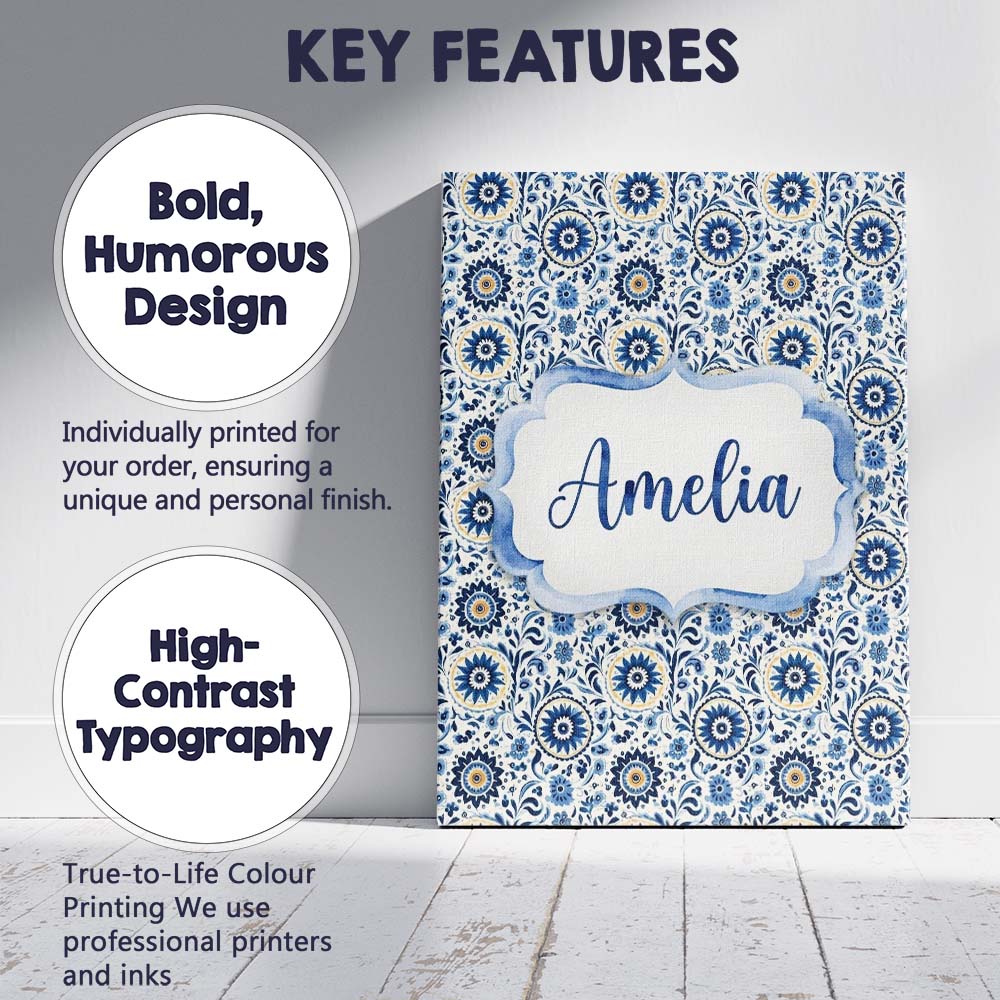 Personalised Name Blue Ornamental Folk Custom  Modern Room Accent Elegant Feature Canvas Wall Art Print Decor Picture Ready to Hang