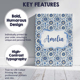 Personalised Name Blue Ornamental Folk Custom  Modern Room Accent Elegant Feature Canvas Wall Art Print Decor Picture Ready to Hang