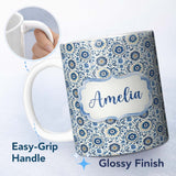 Personalized Custom Name Blue Ornamental Folk Floral Seamless Pattern Name Cute Unique Gift 11oz Ceramic Coffee Tea Mug White Large Handle