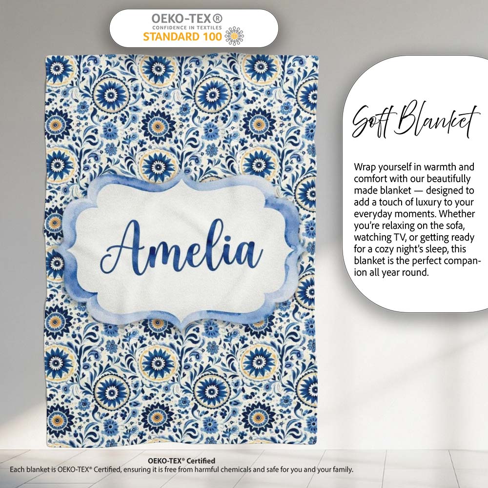 Blue Ornamental Folk Floral Seamless Pattern Name Cute Unique Gift  Personalised Custom Name Super Soft Fleece Blanket Bed Sofa Throw