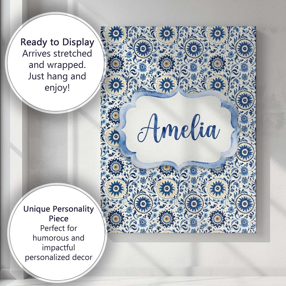 Personalised Name Blue Ornamental Folk Custom  Modern Room Accent Elegant Feature Canvas Wall Art Print Decor Picture Ready to Hang