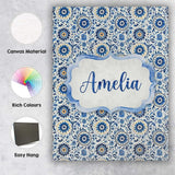 Personalised Name Blue Ornamental Folk Custom  Modern Room Accent Elegant Feature Canvas Wall Art Print Decor Picture Ready to Hang