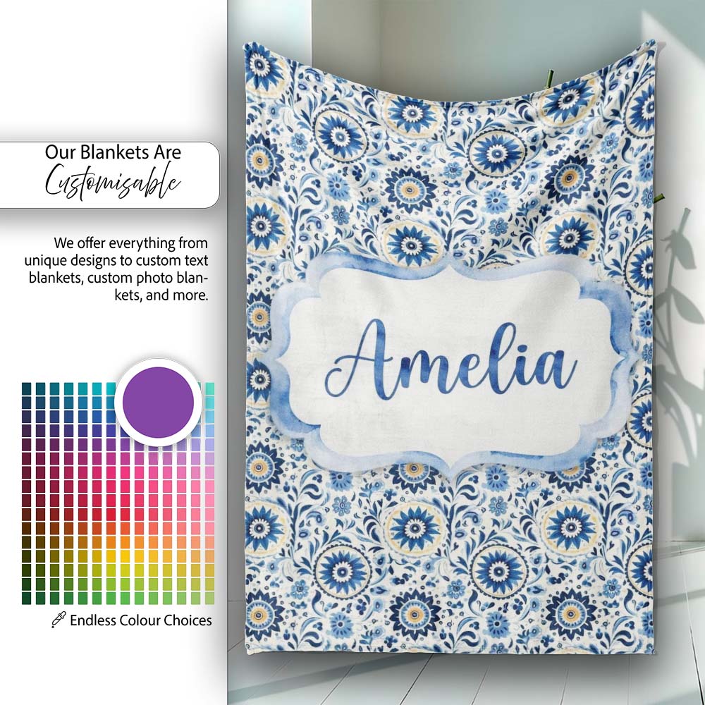 Blue Ornamental Folk Floral Seamless Pattern Name Cute Unique Gift  Personalised Custom Name Super Soft Fleece Blanket Bed Sofa Throw