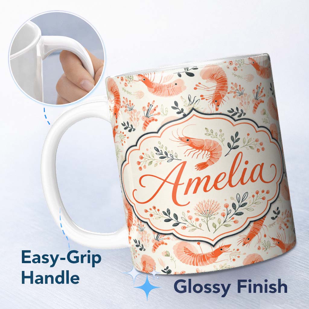 Personalized Custom Name Coral Shrimp with Delicate Floral Elements Seamless Pattern Lovely 11oz Ceramic Coffee Tea Mug White Large Handle
