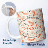 Personalized Custom Name Coral Shrimp with Delicate Floral Elements Seamless Pattern Lovely 11oz Ceramic Coffee Tea Mug White Large Handle