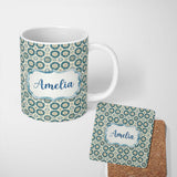 Personalized Custom Name Teal Daisy Floral Repeat Seamless Pattern Name Cute Unique Gift 11oz Ceramic Coffee Tea Mug White Large Handle