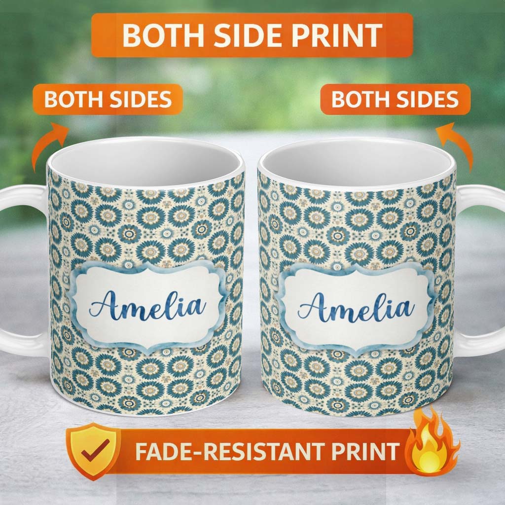 Personalized Custom Name Teal Daisy Floral Repeat Seamless Pattern Name Cute Unique Gift 11oz Ceramic Coffee Tea Mug White Large Handle