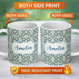Personalized Custom Name Teal Daisy Floral Repeat Seamless Pattern Name Cute Unique Gift 11oz Ceramic Coffee Tea Mug White Large Handle