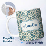 Personalized Custom Name Teal Daisy Floral Repeat Seamless Pattern Name Cute Unique Gift 11oz Ceramic Coffee Tea Mug White Large Handle