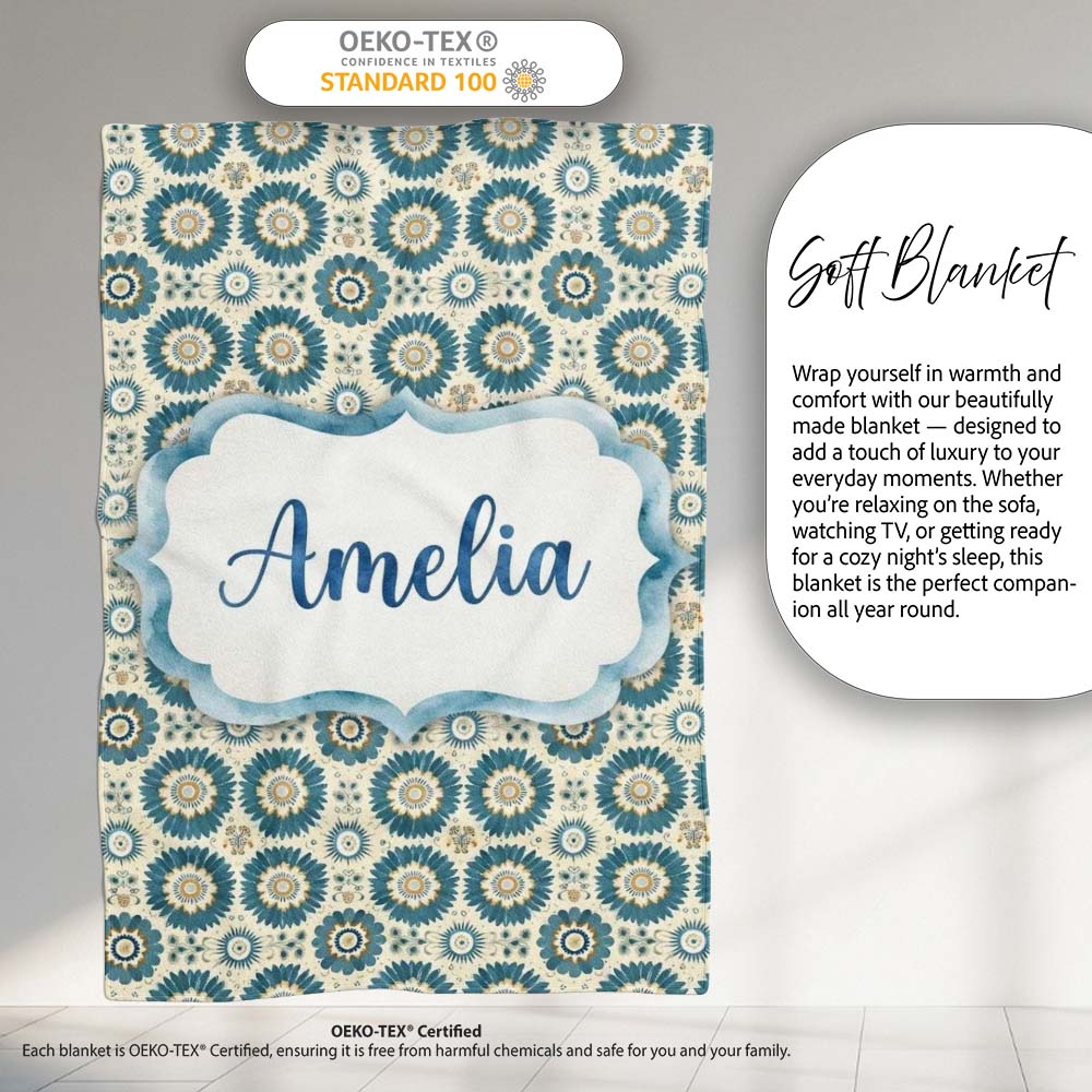 Teal Daisy Floral Repeat Seamless Pattern Name Cute Unique Gift  Personalised Custom Name Super Soft Fleece Blanket Bed Sofa Throw