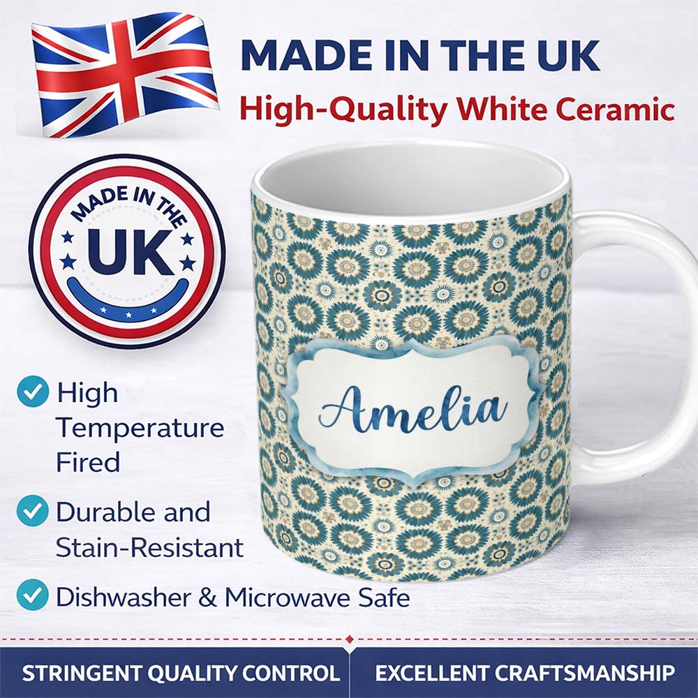 Personalized Custom Name Teal Daisy Floral Repeat Seamless Pattern Name Cute Unique Gift 11oz Ceramic Coffee Tea Mug White Large Handle
