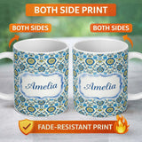Personalized Custom Name Blue Yellow Folk Art Floral Seamless Pattern Name Cute Unique Gift 11oz Ceramic Coffee Tea Mug White Large Handle