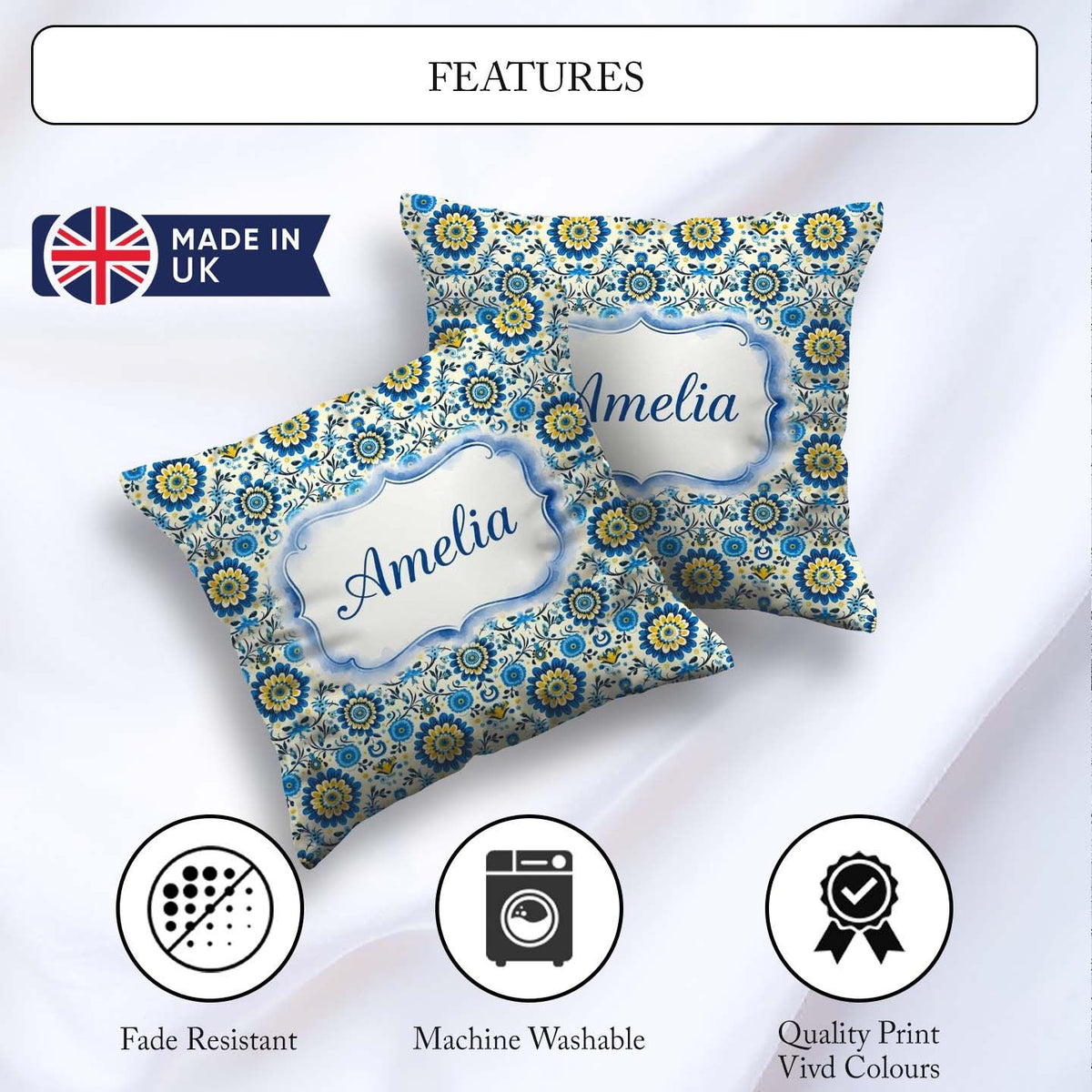 Custom Name Blue Yellow Folk Art Floral Seamless Pattern Name Square Filled Cushion Throw Pillow Sofa Bed Home Decor Zip Washable UK Made