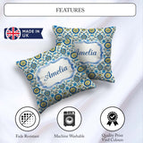 Custom Name Blue Yellow Folk Art Floral Seamless Pattern Name Square Filled Cushion Throw Pillow Sofa Bed Home Decor Zip Washable UK Made