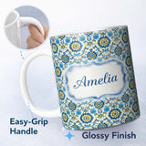 Personalized Custom Name Blue Yellow Folk Art Floral Seamless Pattern Name Cute Unique Gift 11oz Ceramic Coffee Tea Mug White Large Handle