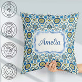 Custom Name Blue Yellow Folk Art Floral Seamless Pattern Name Square Filled Cushion Throw Pillow Sofa Bed Home Decor Zip Washable UK Made