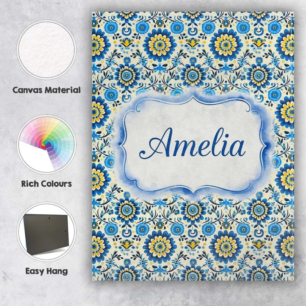Personalised Name Blue Yellow Folk Custom  Stylish Home Interior Unique Gift Idea Canvas Wall Art Print Decor Picture Ready to Hang
