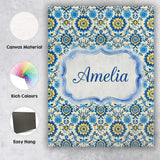 Personalised Name Blue Yellow Folk Custom  Stylish Home Interior Unique Gift Idea Canvas Wall Art Print Decor Picture Ready to Hang