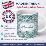 Personalized Custom Name Blue Yellow Folk Art Floral Seamless Pattern Name Cute Unique Gift 11oz Ceramic Coffee Tea Mug White Large Handle