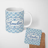 Personalized Custom Name Light Blue Floral Medallion Tile Seamless Pattern Name Cute Unique 11oz Ceramic Coffee Tea Mug White Large Handle