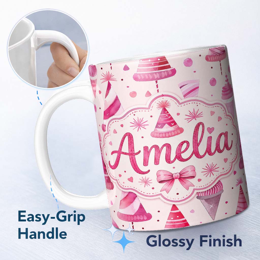Personalized Custom Name Cute Pink Christmas Party Hats Fun Seamless Pattern Cute Unique Gift 11oz Ceramic Coffee Tea Mug White Large Handle