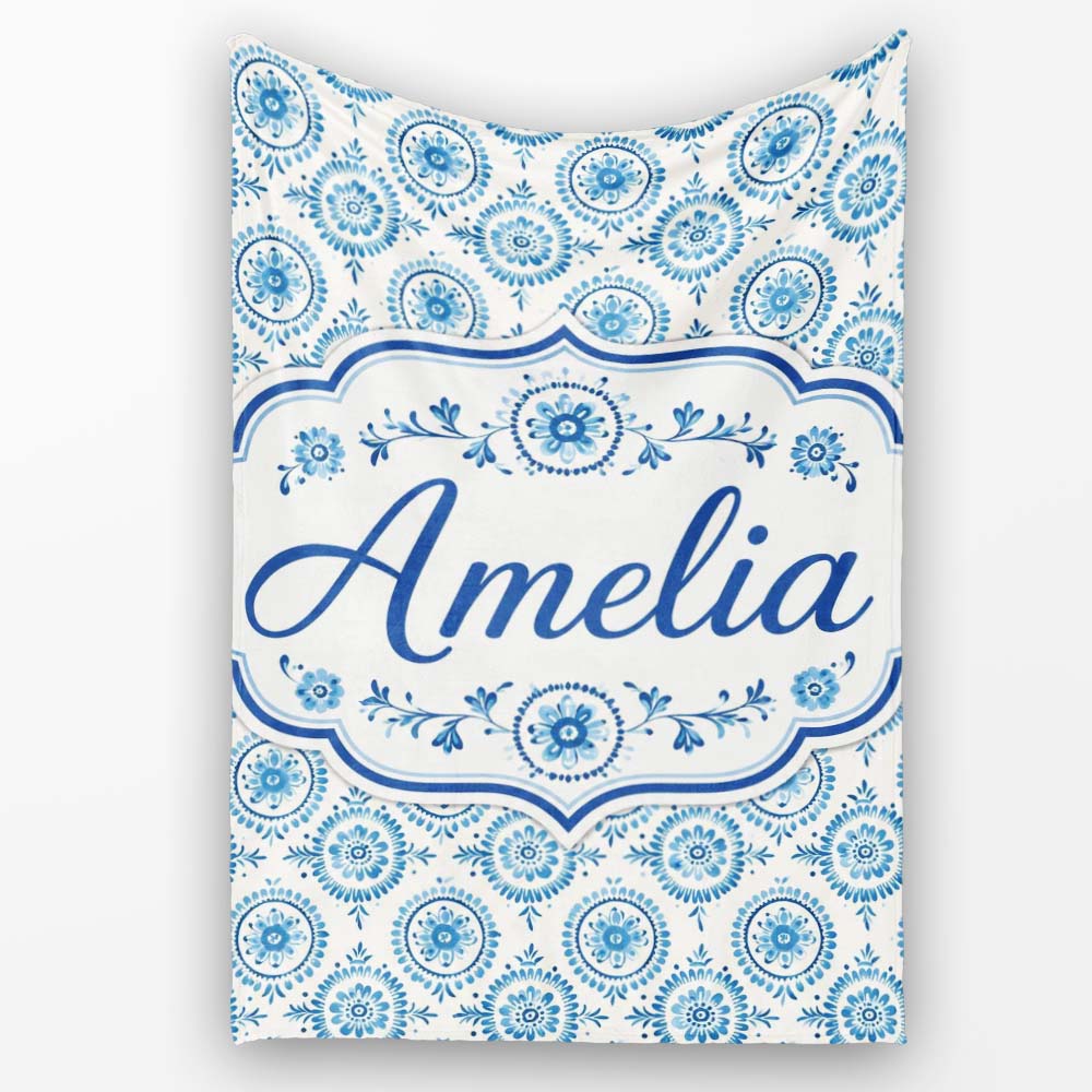 Light Blue Floral Medallion Tile Seamless Pattern Name Cute Unique  Personalised Custom Name Super Soft Fleece Blanket Bed Sofa Throw