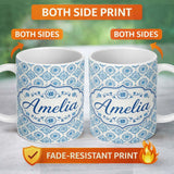 Personalized Custom Name Light Blue Floral Medallion Tile Seamless Pattern Name Cute Unique 11oz Ceramic Coffee Tea Mug White Large Handle