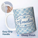 Personalized Custom Name Light Blue Floral Medallion Tile Seamless Pattern Name Cute Unique 11oz Ceramic Coffee Tea Mug White Large Handle