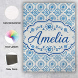 Personalised Name Light Blue Floral Medallion Custom Unique Gift Idea Modern Room Accent Canvas Wall Art Print Decor Picture Ready to Hang